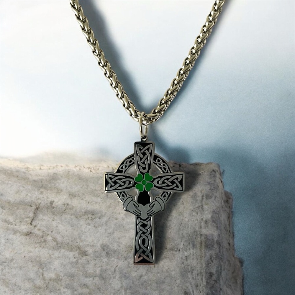 Men's Large 316L Surgical Stainless Steel Celtic Claddagh Cross Necklace